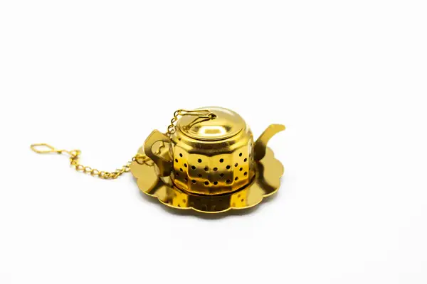 Stainless Steel Gold Color Teapot Infuser with Drip Tray - Image 3